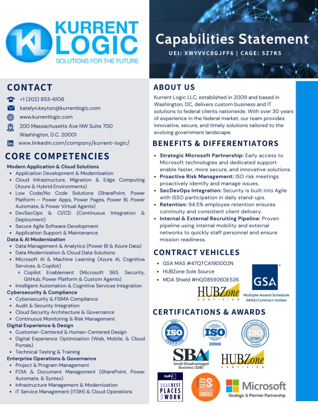 Kurrent Logic Capabilities Statement, page 1